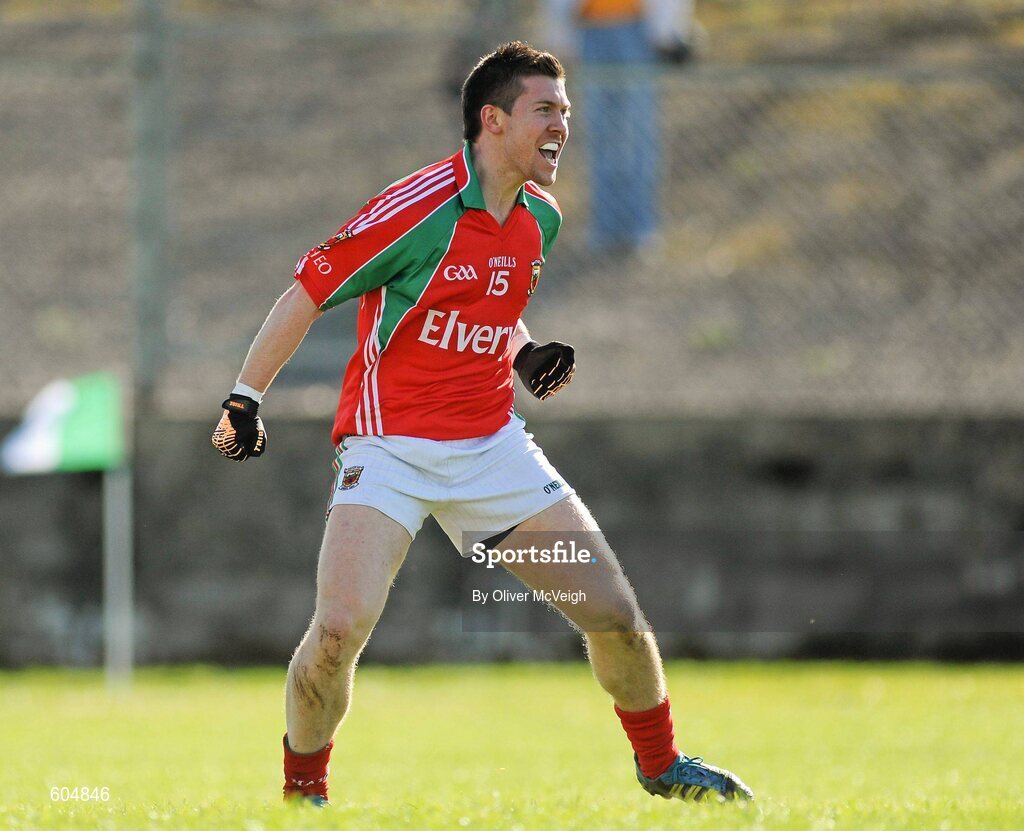 18 March 2012; Enda Varley, Mayo, celebrates after scoring his side's first goal. Allianz Football League, Division 1, Round 5, Donegal v Mayo, Fr. Tierney Park, Ballyshannon, Donegal. Picture credit: Oliver McVeigh / SPORTSFILE