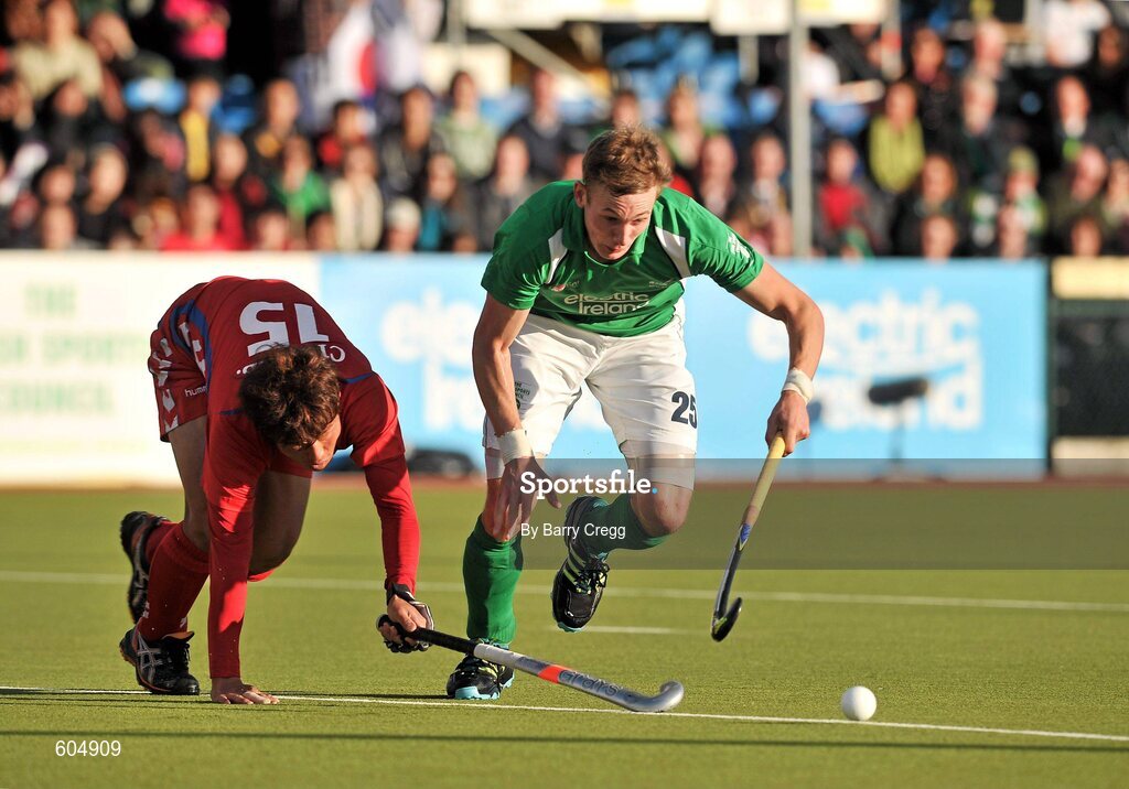 18 March 2012; David Ames, Ireland, in action against Jong Bok Cha, Korea. Men’s 2012 Olympic Qualifying Tournament Final, Ireland v Korea. National Hockey Stadium, UCD, Belfield, Dublin. Picture credit: Barry Cregg / SPORTSFILE