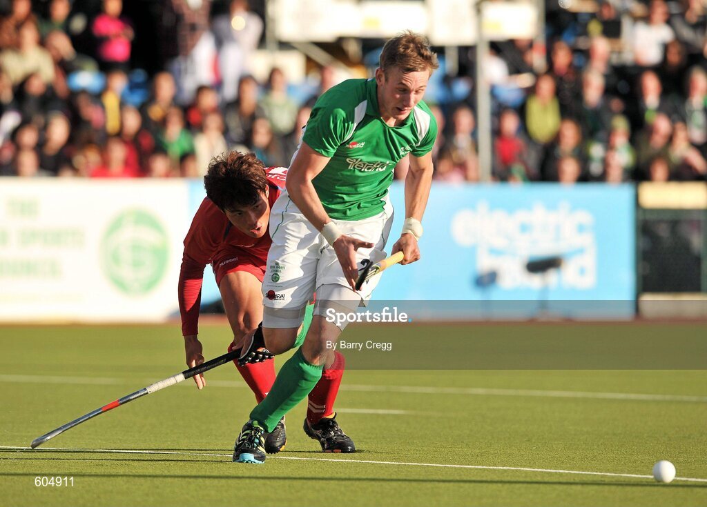 18 March 2012; David Ames, Ireland, in action against Jong Bok Cha, Korea. Men’s 2012 Olympic Qualifying Tournament Final, Ireland v Korea. National Hockey Stadium, UCD, Belfield, Dublin. Picture credit: Barry Cregg / SPORTSFILE
