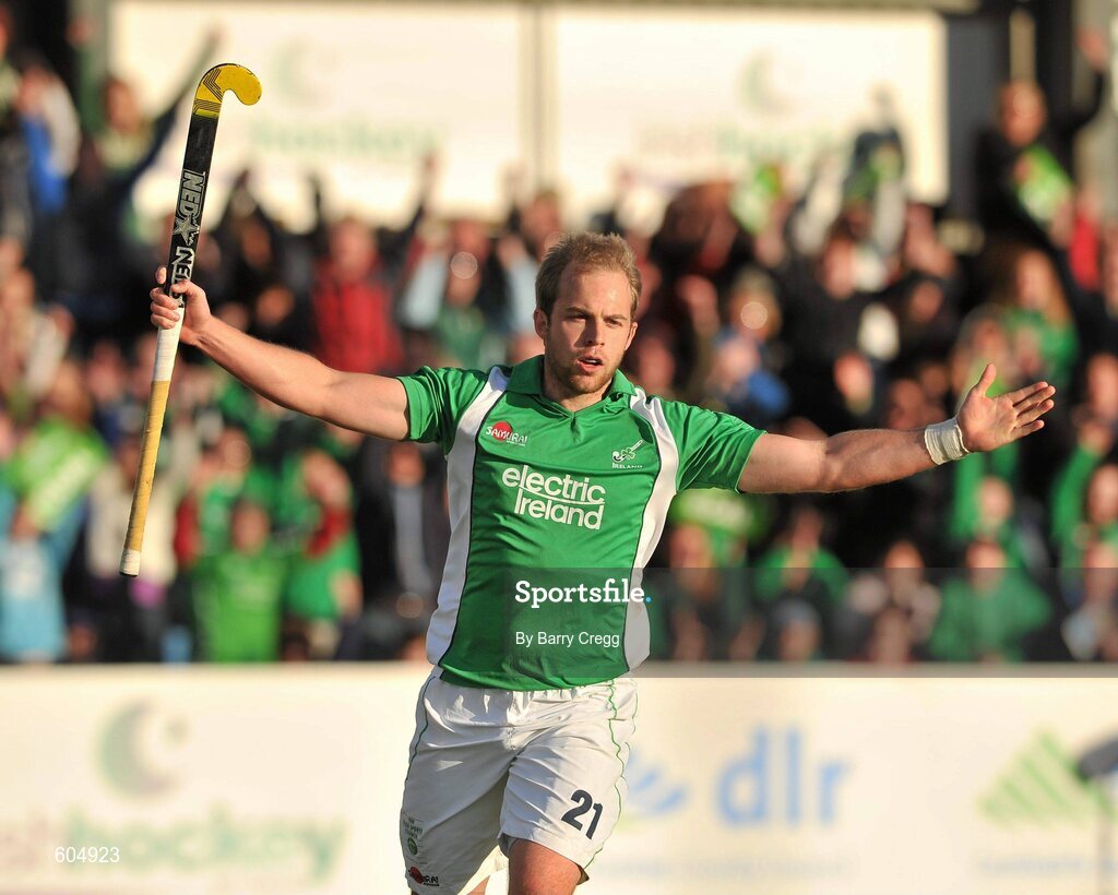 18 March 2012; Timothy Cockram, Ireland, celebrates after scoring his sides second goal of the game to put his side into the lead. Men’s 2012 Olympic Qualifying Tournament, Ireland v Malaysia, National Hockey Stadium, UCD, Belfield, Dublin. Picture credit: Barry Cregg / SPORTSFILE