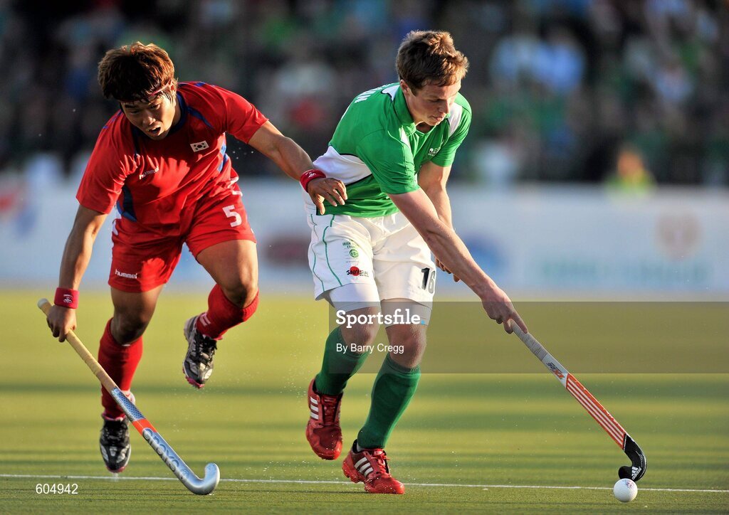 18 March 2012; Ian Sloan, Ireland, in action against Dae Keun Oh, Korea. Men’s 2012 Olympic Qualifying Tournament Final, Ireland v Korea. National Hockey Stadium, UCD, Belfield, Dublin. Picture credit: Barry Cregg / SPORTSFILE
