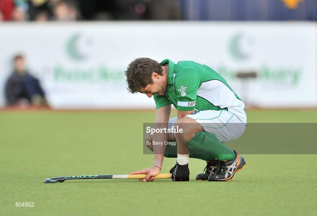 18 March 2012; A dejected Ireland captain Ronan Gormley after the game. Men’s 2012 Olympic Qualifying Tournament Final, Ireland v Korea. National Hockey Stadium, UCD, Belfield, Dublin. Picture credit: Barry Cregg / SPORTSFILE