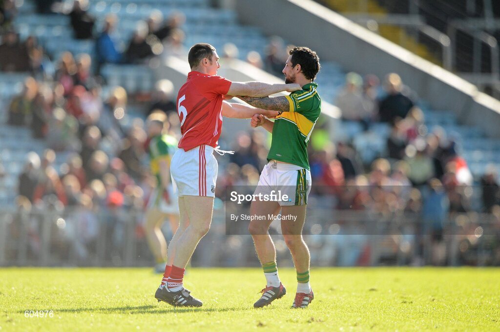 18 March 2012; Noel O'Leary, Cork, and Paul Galvin, Kerry, tussle during the game. Allianz Football League, Division 1, Round 5, Cork v Kerry, Pairc Ui Chaoimh, Cork. Picture credit: Stephen McCarthy / SPORTSFILE