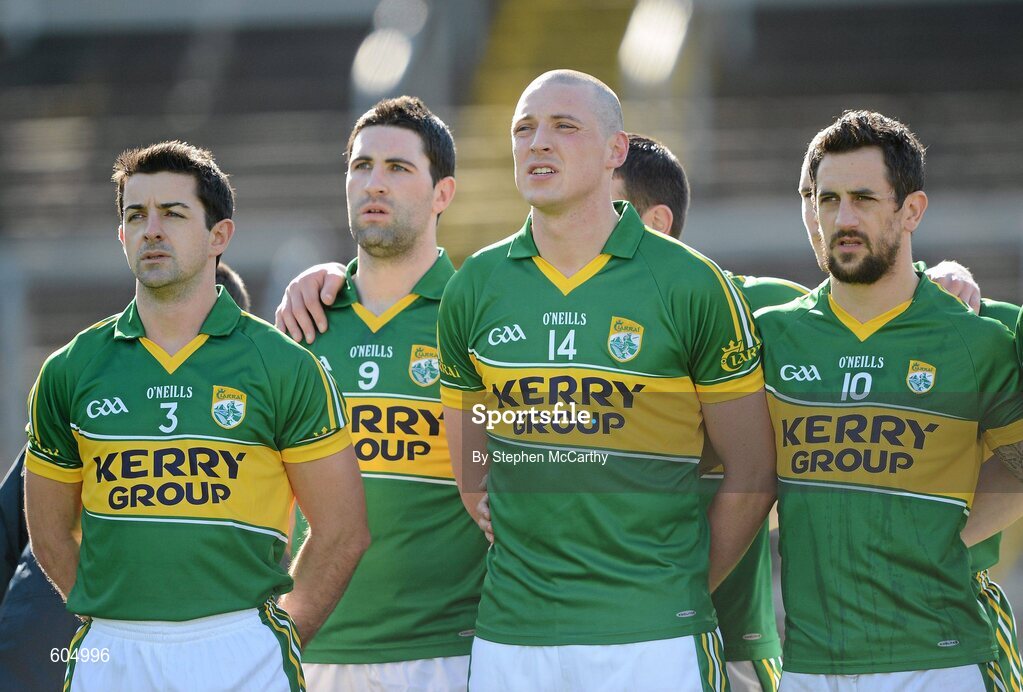 18 March 2012; Kieran Donaghy, Kerry, 14, and team-mates, including Aidan O'Mahony, 3, Bryan Sheehan, 9, and Paul Galvin, 10, during a minute silence ahead of the game, in memory of his late father Oliver Donaghy. Allianz Football League, Division 1, Round 5, Cork v Kerry, Pairc Ui Chaoimh, Cork. Picture credit: Stephen McCarthy / SPORTSFILE