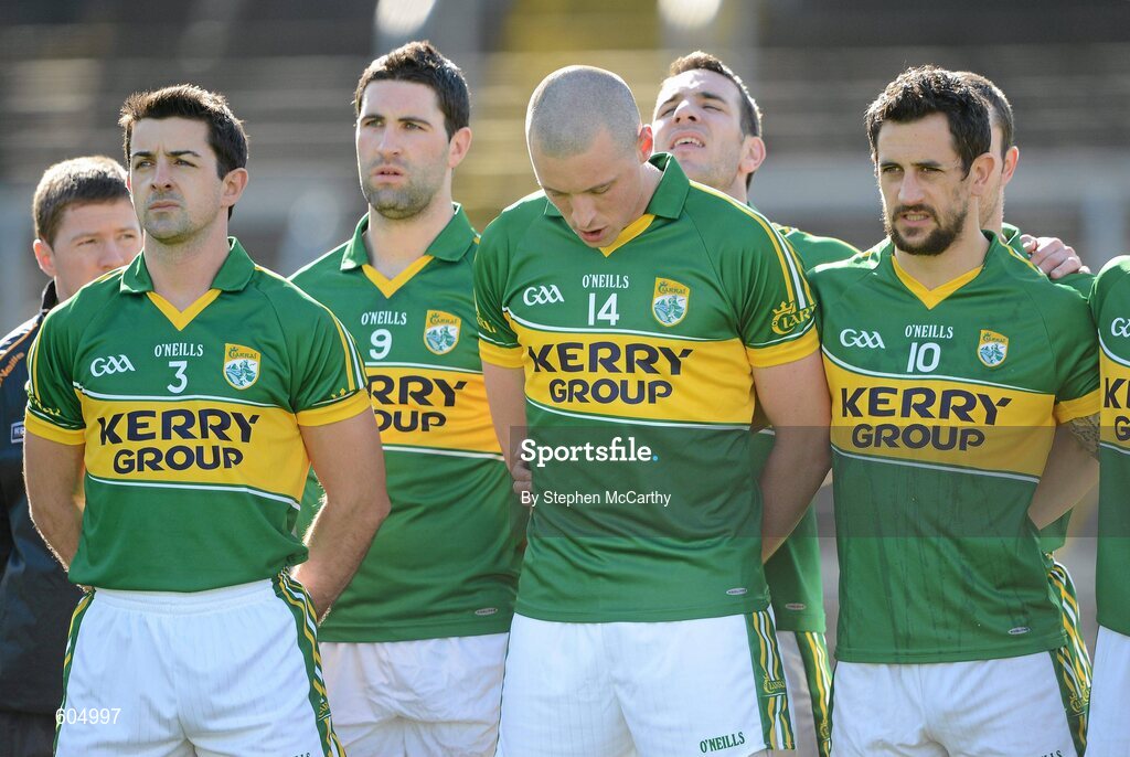 18 March 2012; Kieran Donaghy, Kerry, 14, and team-mates, including Aidan O'Mahony, 3, Bryan Sheehan, 9, and Paul Galvin, 10, during a minute silence ahead of the game, in memory of his late father Oliver Donaghy. Allianz Football League, Division 1, Round 5, Cork v Kerry, Pairc Ui Chaoimh, Cork. Picture credit: Stephen McCarthy / SPORTSFILE