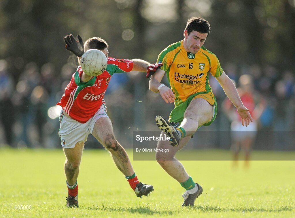 18 March 2012; Patrick McBrearty, Donegal, in action against Ger Cafferkey, Mayo. Allianz Football League, Division 1, Round 5, Donegal v Mayo, Fr. Tierney Park, Ballyshannon, Donegal. Picture credit: Oliver McVeigh / SPORTSFILE