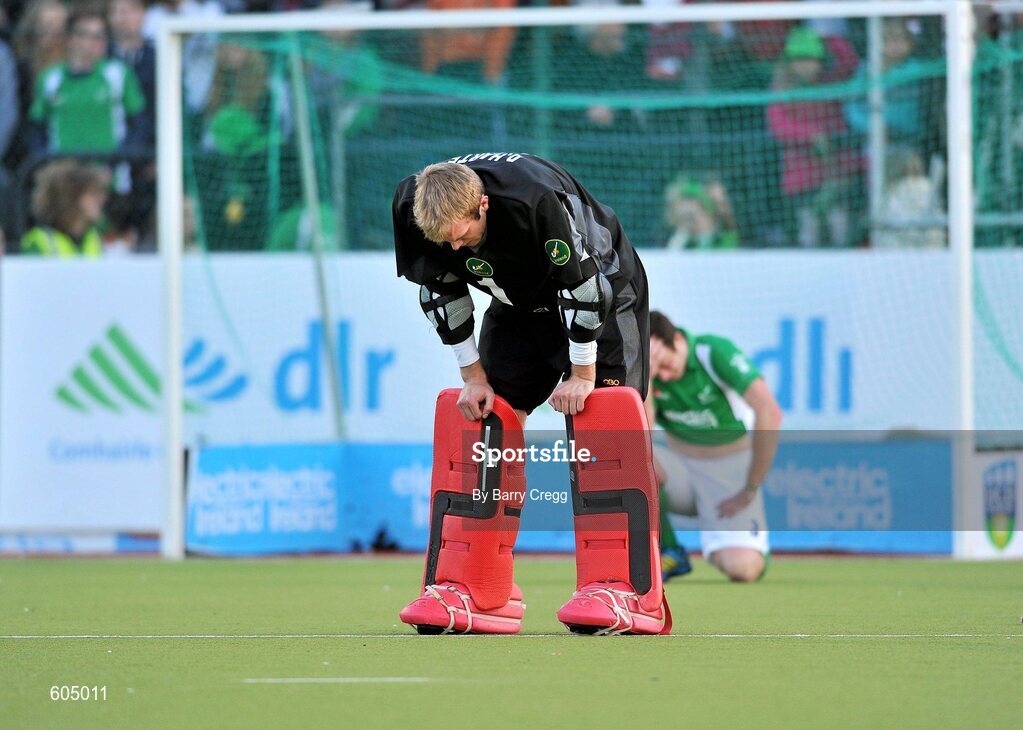 18 March 2012; A dejected David Harte, Ireland, after the game. Men’s 2012 Olympic Qualifying Tournament Final, Ireland v Korea. National Hockey Stadium, UCD, Belfield, Dublin. Picture credit: Barry Cregg / SPORTSFILE