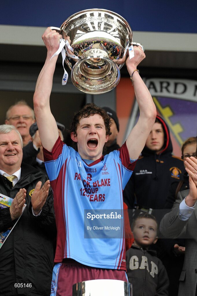 19 March 2012; St. Michael’s, Enniskillen captain Rory Brennan lifts the MacRory cup. MacRory Cup Final, St. Patrick’s, Maghera v St. Michael’s, Enniskillen, Bessbrook, Morgan Athletic Grounds, Armagh. Picture credit: Oliver McVeigh / SPORTSFILE