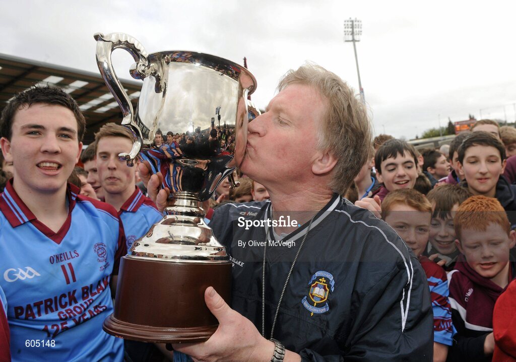 19 March 2012; St. Michael’s, Enniskillen, manager Dominic Corrigan kisses the cup after the game. MacRory Cup Final, St. Patrick’s, Maghera v St. Michael’s, Enniskillen, Bessbrook, Morgan Athletic Grounds, Armagh. Picture credit: Oliver McVeigh / SPORTSFILE