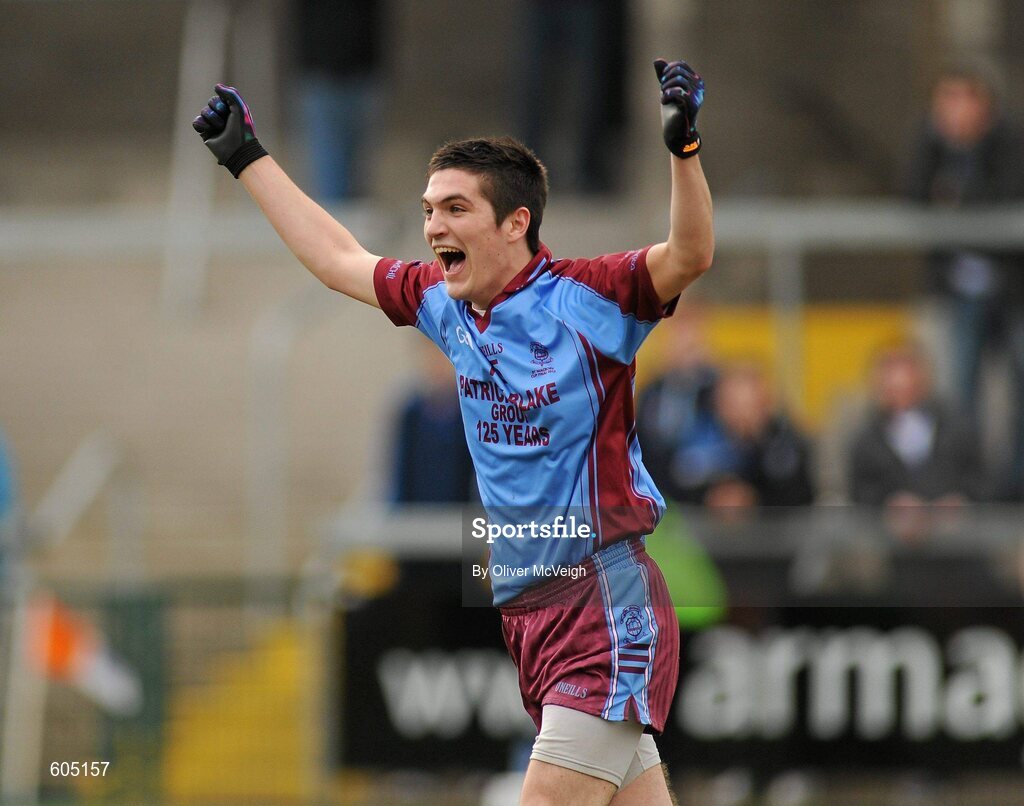 19 March 2012; Eddie Courtney, St. Michael’s, Enniskille, celebrates at the final whistle. MacRory Cup Final, St. Patrick’s, Maghera v St. Michael’s, Enniskillen, Bessbrook, Morgan Athletic Grounds, Armagh. Picture credit: Oliver McVeigh / SPORTSFILE