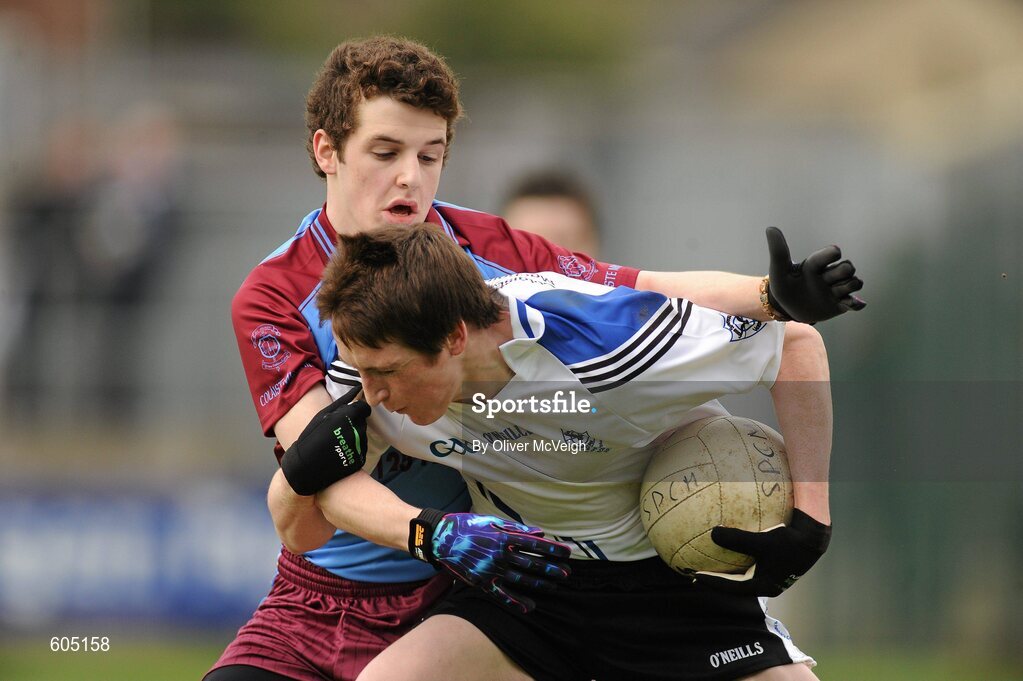 19 March 2012; Gareth McKindless, St. Patrick’s, Maghera, in action against Tommy McCaffrey, St. Michael’s, Enniskillen. MacRory Cup Final, St. Patrick’s, Maghera v St. Michael’s, Enniskillen, Bessbrook, Morgan Athletic Grounds, Armagh. Picture credit: Oliver McVeigh / SPORTSFILE