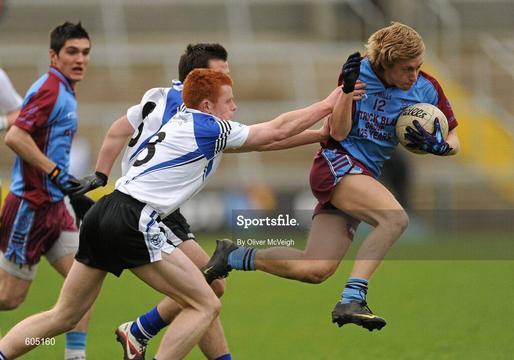 19 March 2012; Niall Maguire, St. Michael’s, Enniskillen, in action against Conor McAtamney and Ryan Dougan, St. Patrick’s, Maghera. MacRory Cup Final, St. Patrick’s, Maghera v St. Michael’s, Enniskillen, Bessbrook, Morgan Athletic Grounds, Armagh. Picture credit: Oliver McVeigh / SPORTSFILE