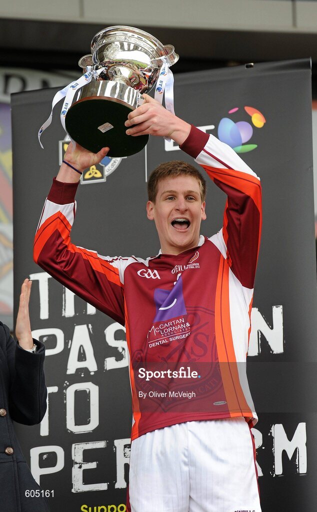 19 March 2012; St. Paul’s, Bessbrook, captain Michael Murphy lifts the MacLarnon cup. MacLarnon Cup Final, St. Columb’s, Derry v St. Paul’s, Bessbrook, Morgan Athletic Grounds, Armagh. Picture credit: Oliver McVeigh / SPORTSFILE