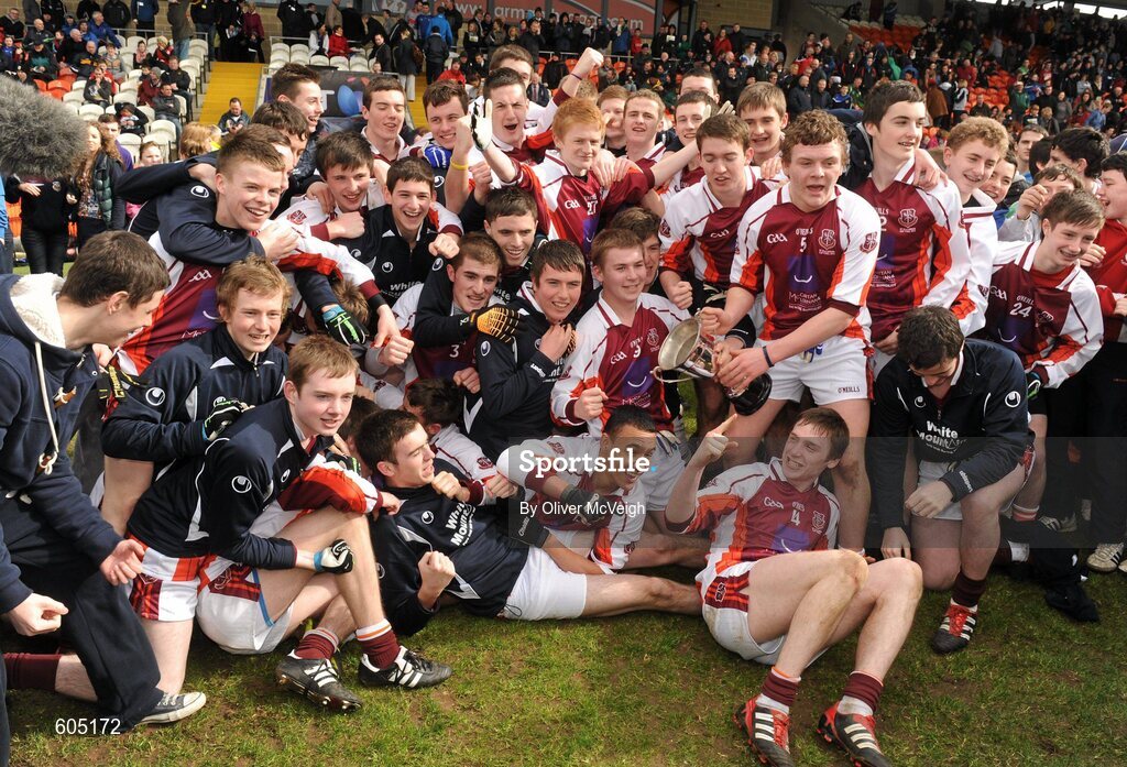 19 March 2012; The St. Paul’s, Bessbrook, squad celebrate with the cup. MacLarnon Cup Final, St. Columb’s, Derry v St. Paul’s, Bessbrook, Morgan Athletic Grounds, Armagh. Picture credit: Oliver McVeigh / SPORTSFILE