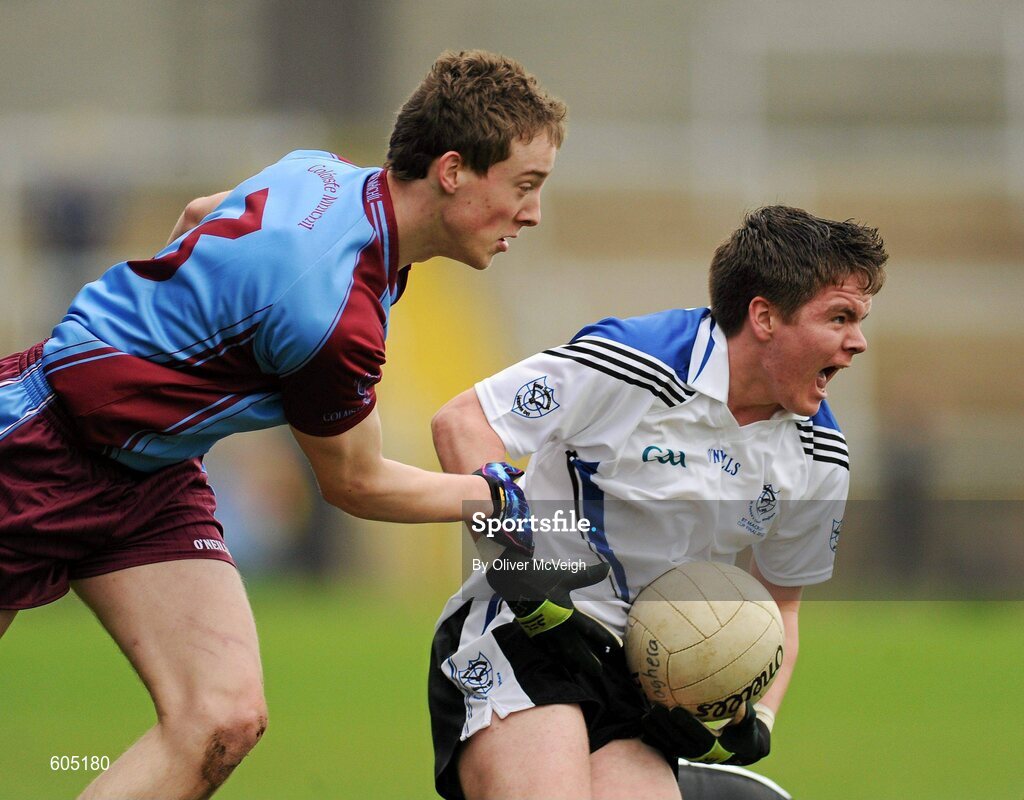 19 March 2012; Paul Gunning, St. Patrick’s, Maghera, in action against Che Cullen, St. Michael’s, Enniskillen. MacRory Cup Final, St. Patrick’s, Maghera v St. Michael’s, Enniskillen, Bessbrook, Morgan Athletic Grounds, Armagh. Picture credit: Oliver McVeigh / SPORTSFILE