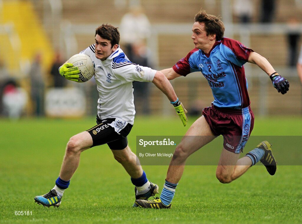 19 March 2012; Gerald Bradley, St. Patrick’s, Maghera, in action against Eoin Hamill, St. Michael’s, Enniskillen. MacRory Cup Final, St. Patrick’s, Maghera v St. Michael’s, Enniskillen, Bessbrook, Morgan Athletic Grounds, Armagh. Picture credit: Oliver McVeigh / SPORTSFILE