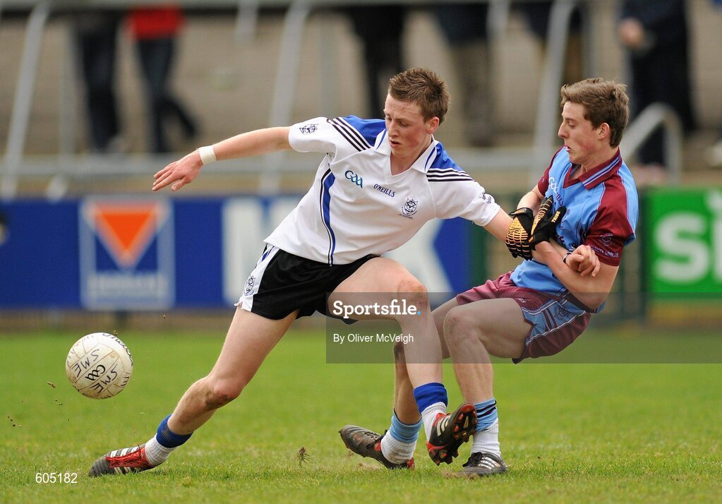 19 March 2012; Conor Murphy, St. Patrick’s, Maghera, in action against Leo Cullen, St. Michael’s, Enniskillen. MacRory Cup Final, St. Patrick’s, Maghera v St. Michael’s, Enniskillen, Bessbrook, Morgan Athletic Grounds, Armagh. Picture credit: Oliver McVeigh / SPORTSFILE