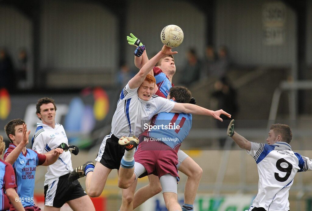 19 March 2012; Conor McAtamney, St. Patrick’s, Maghera, contests a high ball against Rory Brennan and Liam Martin, St. Michael’s, Enniskillen. MacRory Cup Final, St. Patrick’s, Maghera v St. Michael’s, Enniskillen, Bessbrook, Morgan Athletic Grounds, Armagh. Picture credit: Oliver McVeigh / SPORTSFILE