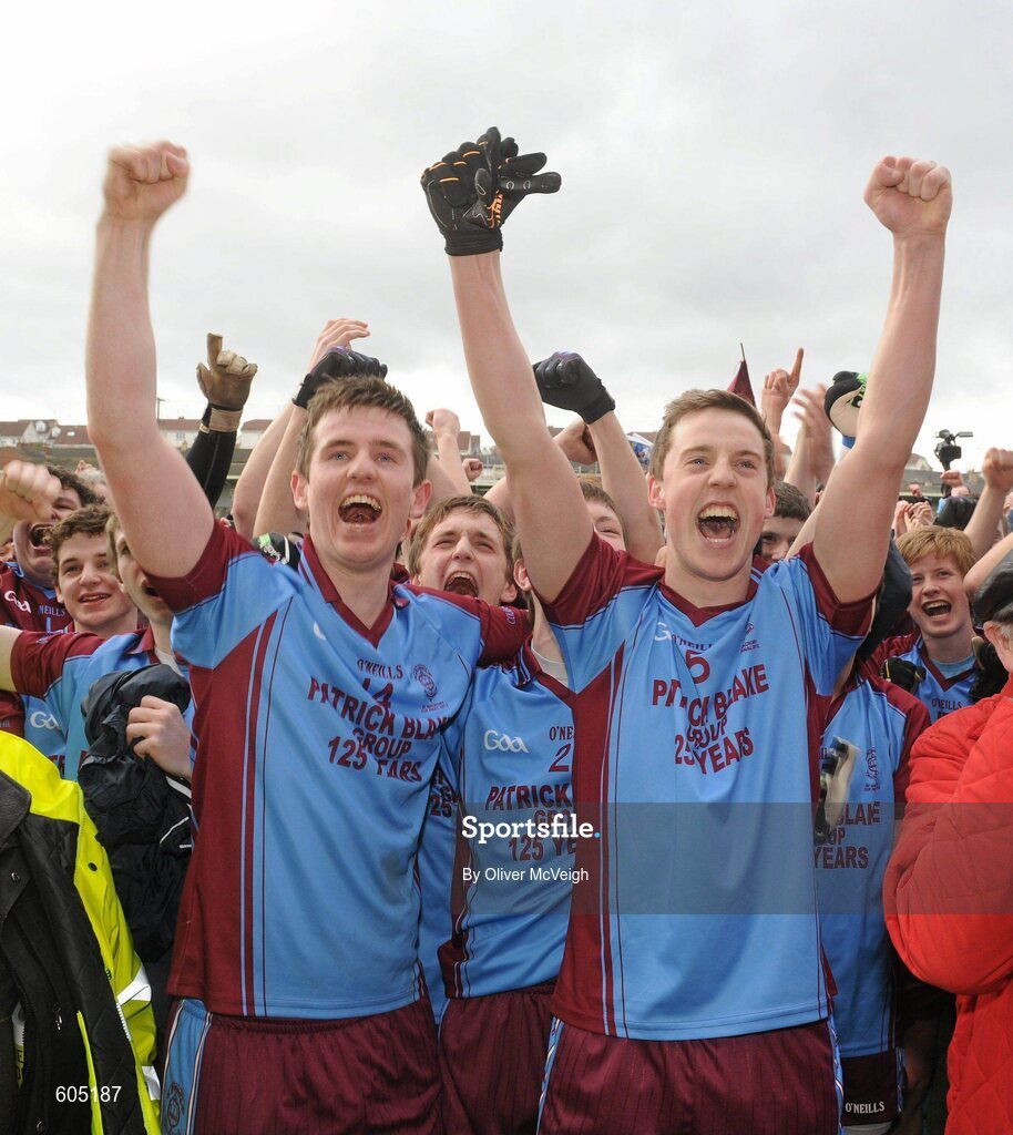 19 March 2012; Brian McAleer and Lee Cullen, St. Michael’s, Enniskillen, celebrate after the game. MacRory Cup Final, St. Patrick’s, Maghera v St. Michael’s, Enniskillen, Bessbrook, Morgan Athletic Grounds, Armagh. Picture credit: Oliver McVeigh / SPORTSFILE