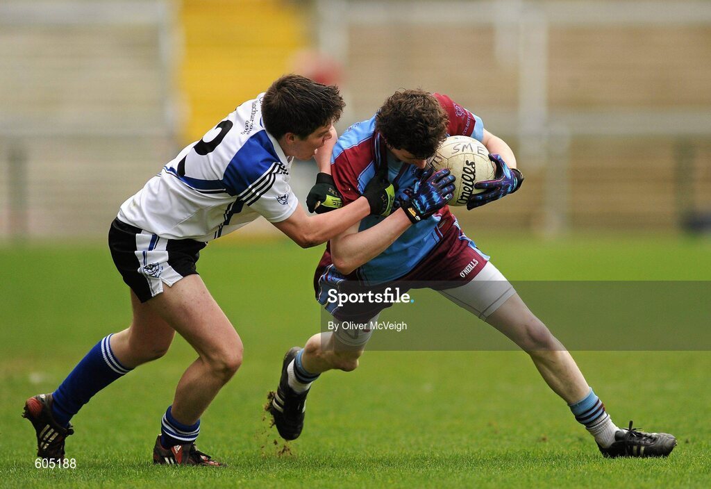 19 March 2012; Rory Brennan, St. Michael’s, Enniskillen, in action against Paul Gunning, St. Patrick’s, Maghera. MacRory Cup Final, St. Patrick’s, Maghera v St. Michael’s, Enniskillen, Bessbrook, Morgan Athletic Grounds, Armagh. Picture credit: Oliver McVeigh / SPORTSFILE