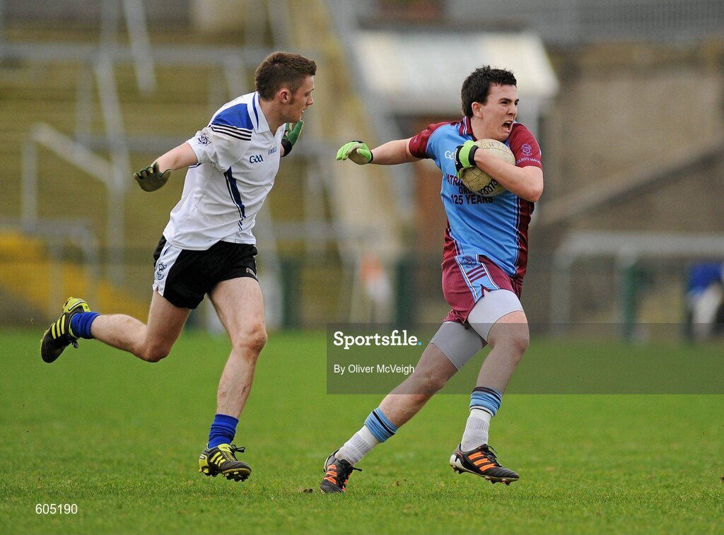19 March 2012; Liam Martin, St. Michael’s, Enniskillen, in action against Ryan Dougan, St. Patrick’s, Maghera. MacRory Cup Final, St. Patrick’s, Maghera v St. Michael’s, Enniskillen, Bessbrook, Morgan Athletic Grounds, Armagh. Picture credit: Oliver McVeigh / SPORTSFILE