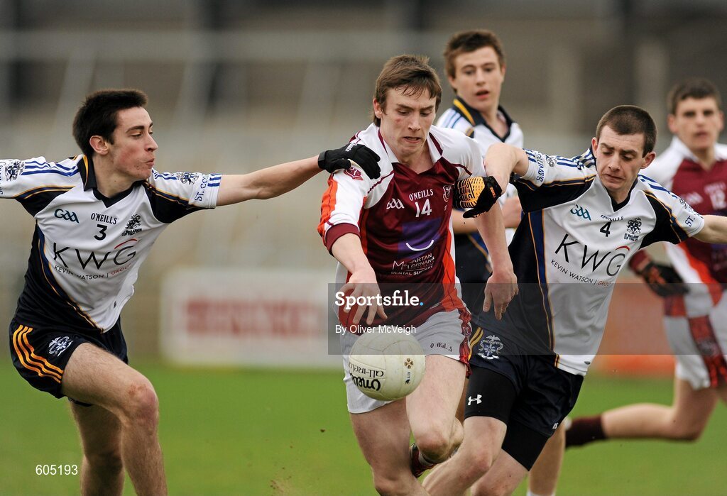 19 March 2012; Ciaron O'Hanlon, St. Paul’s, Bessbrook, in action against Shane O'Connor and Anthony Hagan, St. Columb’s, Derry. MacLarnon Cup Final, St. Columb’s, Derry v St. Paul’s, Bessbrook, Morgan Athletic Grounds, Armagh. Picture credit: Oliver McVeigh / SPORTSFILE