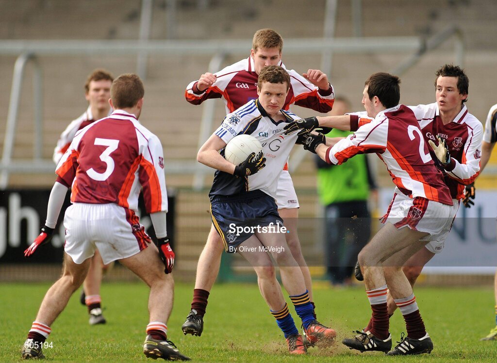19 March 2012; Eoin Devine, St. Columb’s, Derry, in action against Conor Moley, Michael Murphy and Ciaran McCooey, St. Paul’s, Bessbrook. MacLarnon Cup Final, St. Columb’s, Derry v St. Paul’s, Bessbrook, Morgan Athletic Grounds, Armagh. Picture credit: Oliver McVeigh / SPORTSFILE