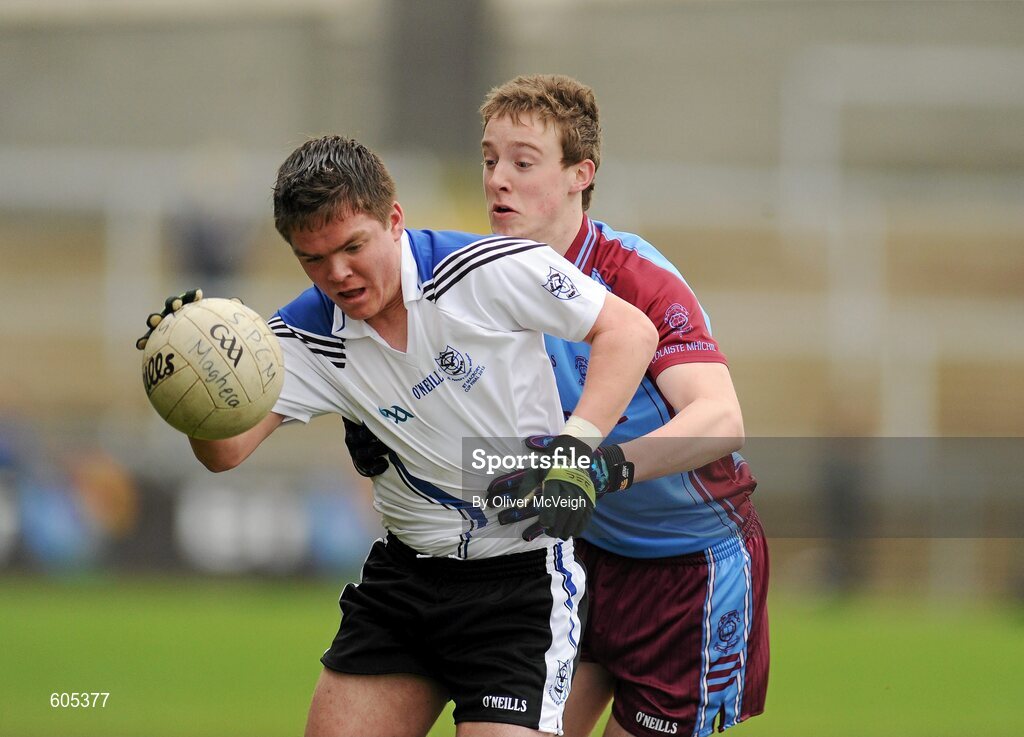 19 March 2012; Paul Gunning, St. Patrick’s, Maghera, in action against Che Cullen, St. Michael’s, Enniskillen. MacRory Cup Final, St. Patrick’s, Maghera v St. Michael’s, Enniskillen, Bessbrook, Morgan Athletic Grounds, Armagh. Picture credit: Oliver McVeigh / SPORTSFILE