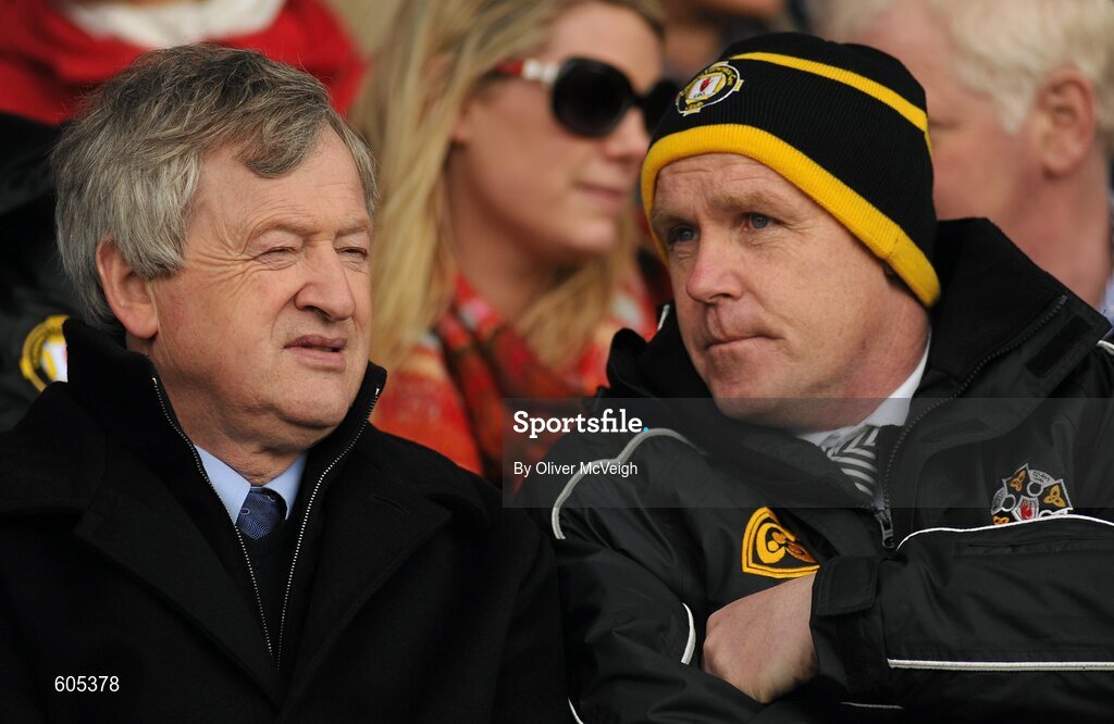 19 March 2012; Ard Stiúrthóir of the GAA Páraic Duffy, left, with Seamus Meehan, Chairman of the Ulster Colleges Council, at the game. MacRory Cup Final, St. Patrick’s, Maghera v St. Michael’s, Enniskillen, Bessbrook, Morgan Athletic Grounds, Armagh. Picture credit: Oliver McVeigh / SPORTSFILE