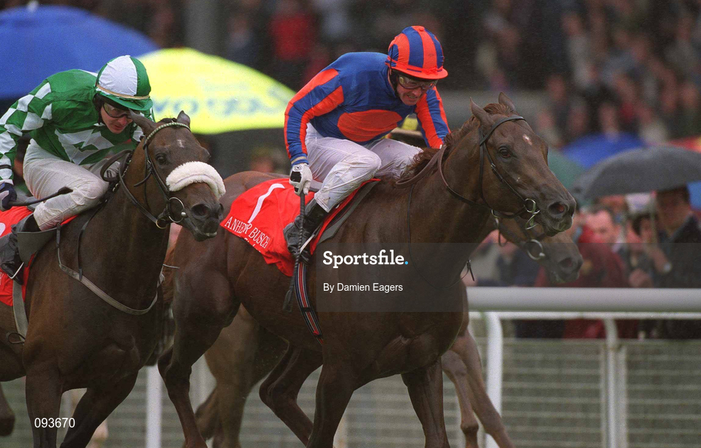 30 June 2002; Hold that Tiger, with Mick Kinane up, races clear of Pakhoes to win the Anheuser Busch Railway Stakes at The Curragh Racecourse in Kildare. Photo by Damien Eagers/Sportsfile