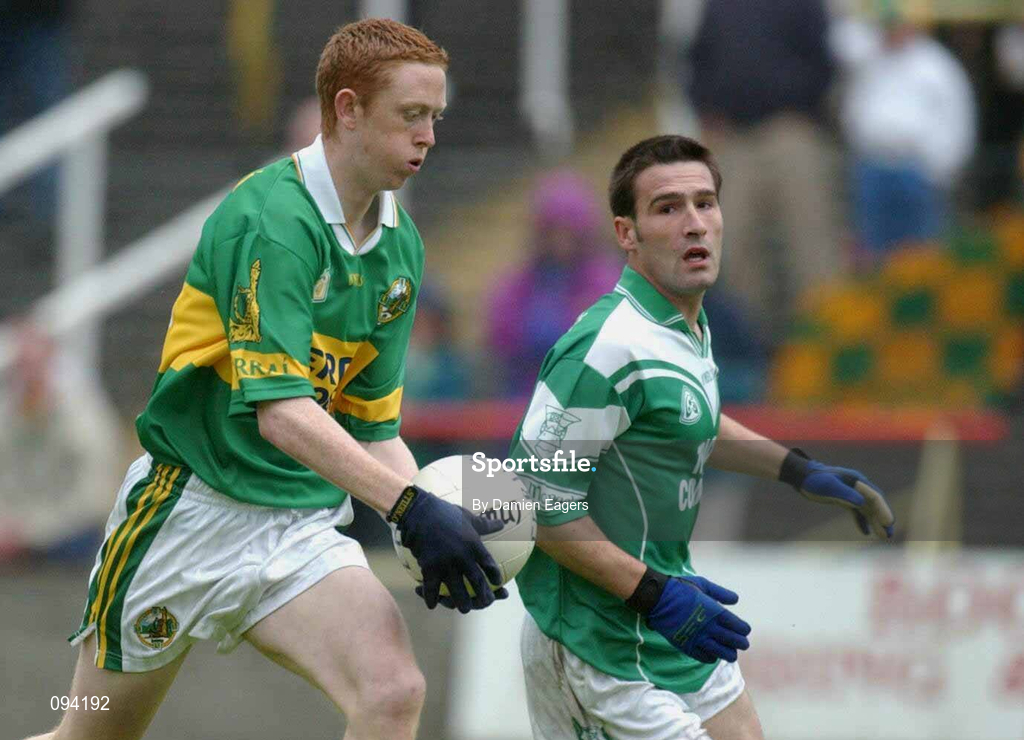 7 July 2002; Colm Cooper of Kerry in action against Michael Lilly of Fermanagh during the All-Ireland Senior Football Championship Qualifier Round 3 match between Kerry and Fermanagh at O'Moore Park in Portlaoise, Laois. Photo by Damien Eagers/Sportsfile