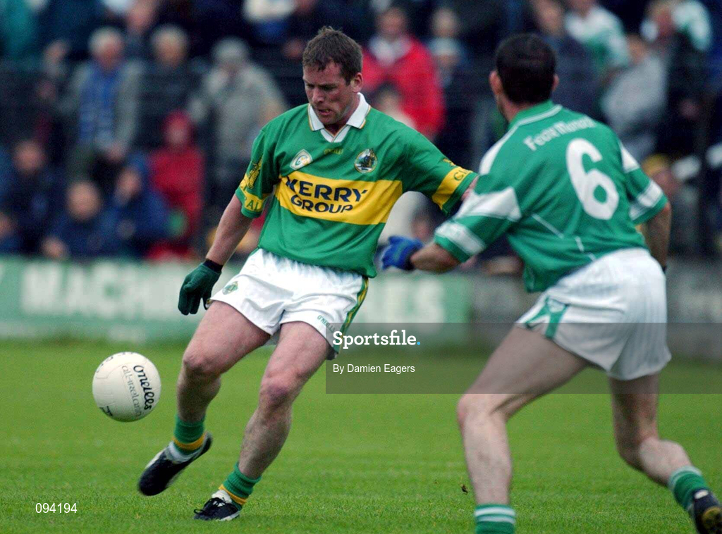 7 July 2002; Dara Ó Cinnéide of Kerry in action against Justin Gilheaney of Fermanagh during the All-Ireland Senior Football Championship Qualifier Round 3 match between Kerry and Fermanagh at O'Moore Park in Portlaoise, Laois. Photo by Damien Eagers/Sportsfile