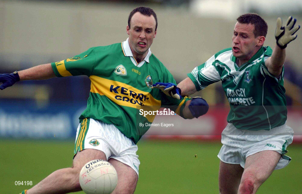 6 July 2002; John Crowley of Kerry in action against Clive Fitzpatrick of Fermanagh during the All-Ireland Senior Football Championship Qualifier Round 3 match between Kerry and Fermanagh at O'Moore Park in Portlaoise, Laois. Photo by Damien Eagers/Sportsfile