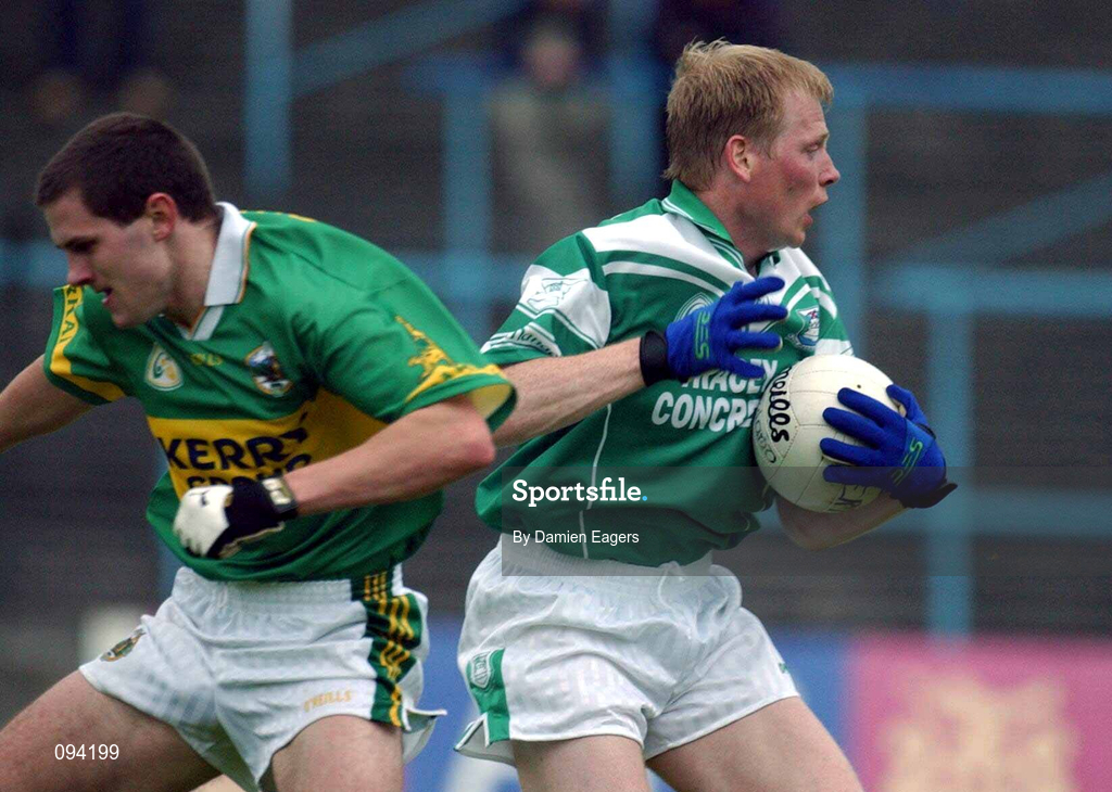 7 July 2002; Liam McBarron of Fermanagh in action against Eoin Brosnan of Kerry during the All-Ireland Senior Football Championship Qualifier Round 3 match between Kerry and Fermanagh at O'Moore Park in Portlaoise, Laois. Photo by Damien Eagers/Sportsfile