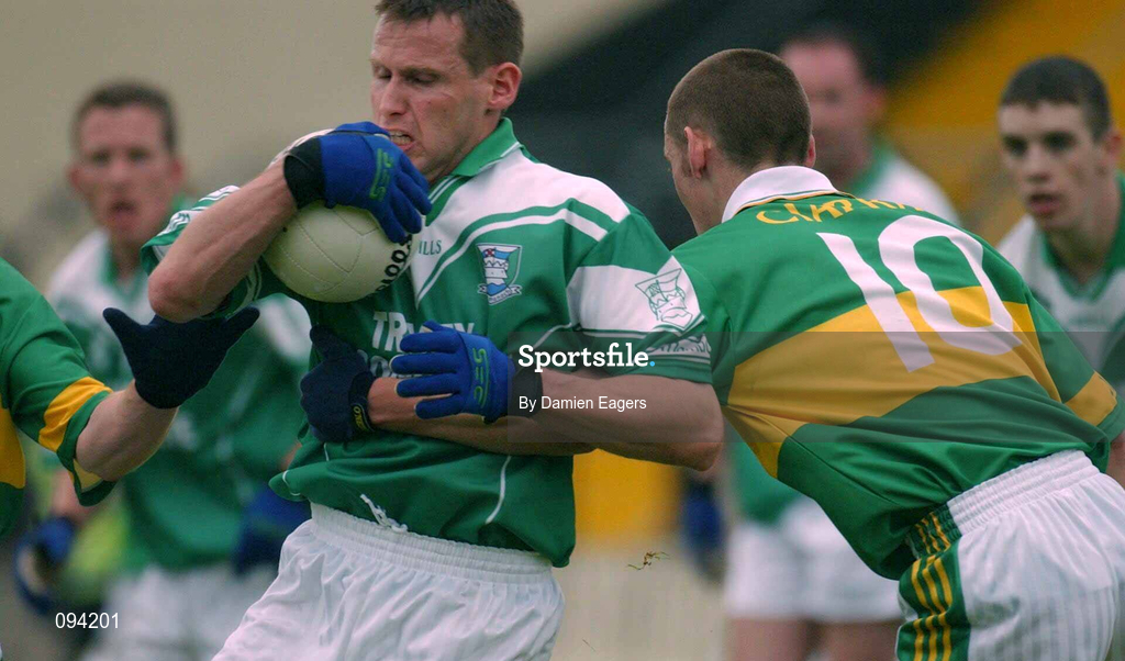 7 July 2002; Paddy McGuinness of Fermanagh in action against Seán O'Sullivan of Kerry during the All-Ireland Senior Football Championship Qualifier Round 3 match between Kerry and Fermanagh at O'Moore Park in Portlaoise, Laois. Photo by Damien Eagers/Sportsfile