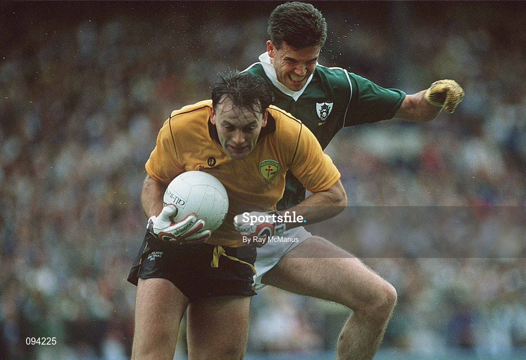 19 August 1990; Anthony Molloy of Donegal is tackled by Liam Hayes of Meath during the All-Ireland Senior Football Championship Semi-Final match between Meath and Donegal at Croke Park in Dublin. Photo by Ray McManus/Sportsfile