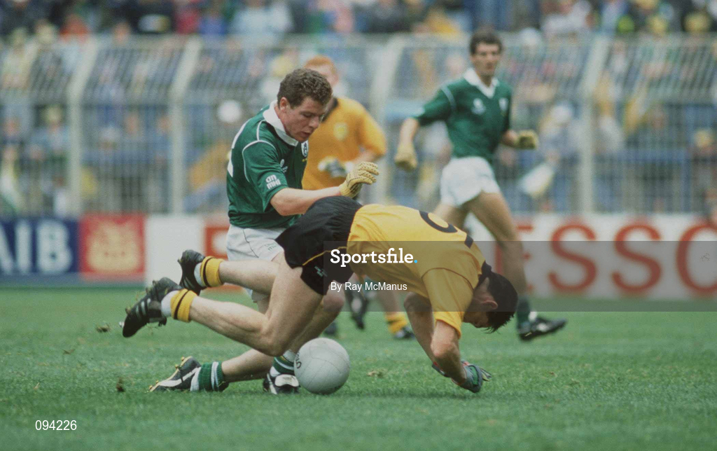 19 August 1990; Donal Reid of Donegal is tackled by Tommy Dowd of Meath during the All-Ireland Senior Football Championship Semi-Final match between Meath and Donegal at Croke Park in Dublin. Photo by Ray McManus/Sportsfile