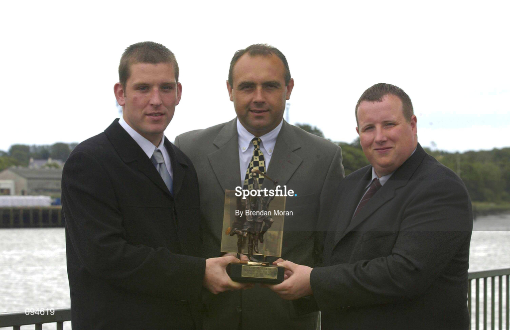 23 July 2002; Waterford hurler Ken McGrath who was named Vodafone GAA All-Stars Player of the Month for June at a luncheon at the Granville Hotel in Waterford, is presented with his award by David Dawson, Corporate Account Manager, Vodafone, centre, and David Aherne, Business Account Manager, Vodafone, right. Photo by Brendan Moran/Sportsfile