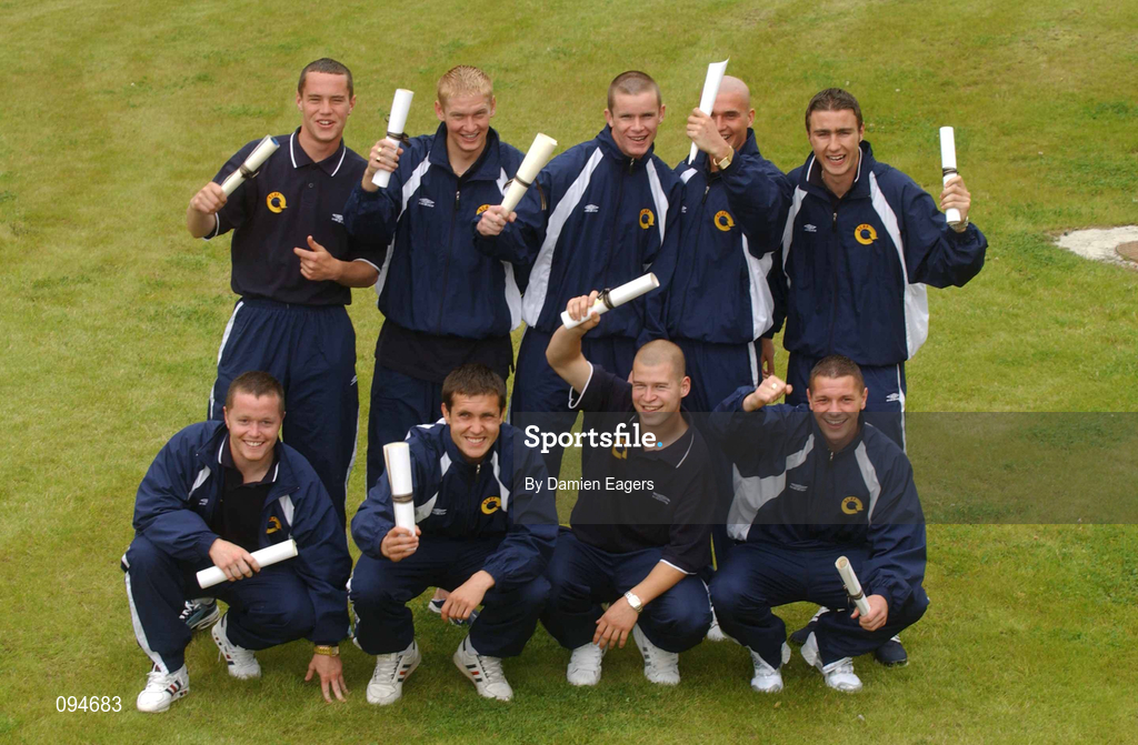 24 July 2002; Participants, front row, from left, Seamus Crowe, Alan Martin, Paul Fenton, and Ronnie Walsh. Back Row, left to right are Glen Lacey, Clive Ross, Finbarr Lynch, Shane Barrett, and Sean Dillon, who were presented with Diplomas by An Taoiseach Bertie Ahern, at the FAI/DCU Diploma Programme presentation ceremony, after completing a six week programme at DCU. Photo by Damien Eagers/Sportsfile