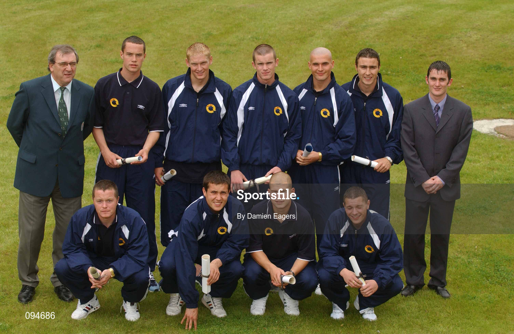24 July 2002; Participants, front row, from left, Seamus Crowe, Alan Martin, Paul Fenton, and Ronnie Walsh. Back Row, left to right are Glen Lacey, Clive Ross, Finbarr Lynch, Shane Barrett, and Sean Dillon, with back row left, Eoin Hand, Career Guidance Officer,  who were presented with Diplomas by An Taoiseach Bertie Ahern, at the FAI/DCU Diploma Programme presentation ceremony, after completing a six week programme at DCU. Photo by Damien Eagers/Sportsfile