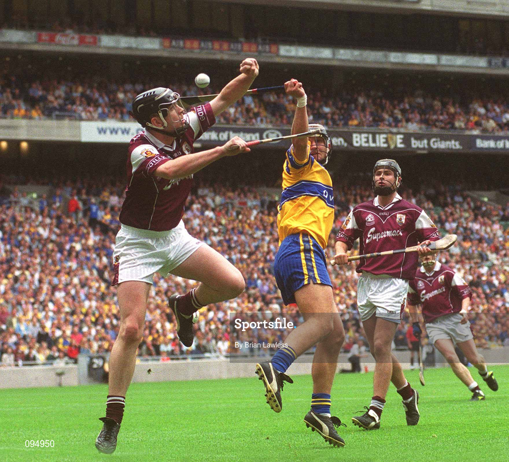 28 July 2002; Diarmuid Cloonan of Galway in action against Tony Carmody of Clare during the Guinness All-Ireland Senior Hurling Championship Quarter-Final match between Clare and Galway at Croke Park. Photo by Brian Lawless/Sportsfile