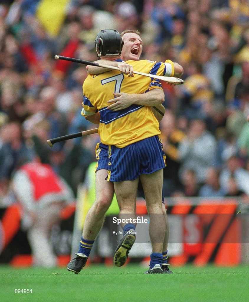 28 July 2002; Clare players Barry Quinn, 7, and Brian Lohan, 7, celebrate after the Guinness All-Ireland Senior Hurling Championship Quarter-Final match between Clare and Galway at Croke Park. Photo by Aoife Rice/Sportsfile