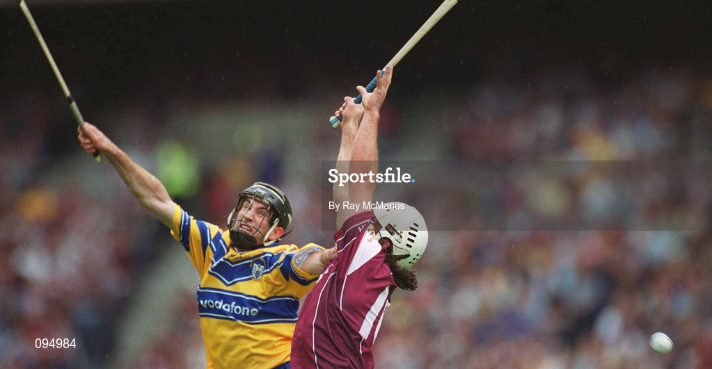 28 July 2002; Seán McMahon of Clare in action against David Tierney of Galway during the Guinness All-Ireland Senior Hurling Championship Quarter-Final match between Clare and Galway at Croke Park. Photo by Ray McManus/Sportsfile