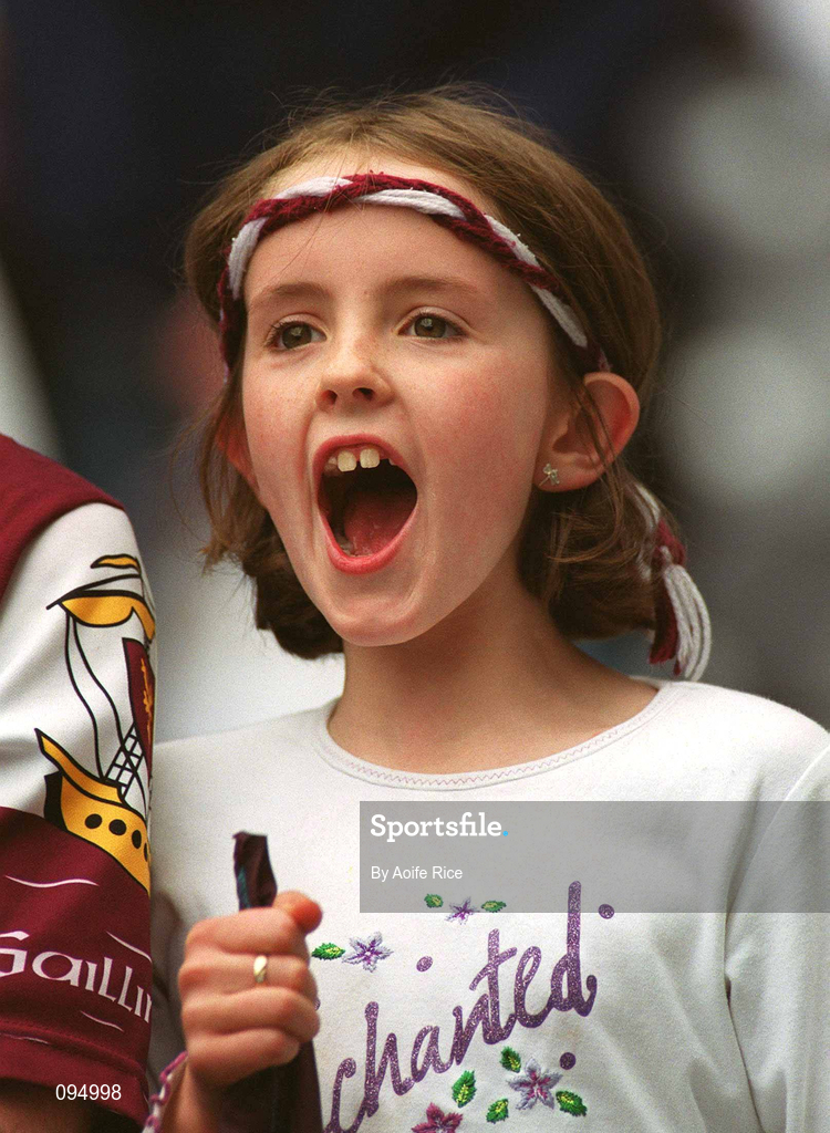 28 July 2002; A young Galway fan cheers on her side during the Guinness All-Ireland Senior Hurling Championship Quarter-Final match between Clare and Galway at Croke Park. Photo by Aoife Rice/Sportsfile