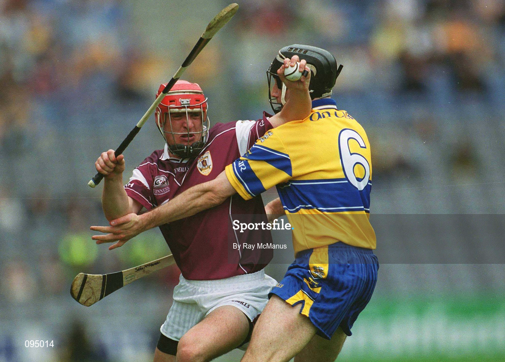 28 July 2002; Alan Kerins of Galway is tackled by Seán McMahon of Clare during the Guinness All-Ireland Senior Hurling Championship Quarter-Final match between Clare and Galway at Croke Park. Photo by Ray McManus/Sportsfile