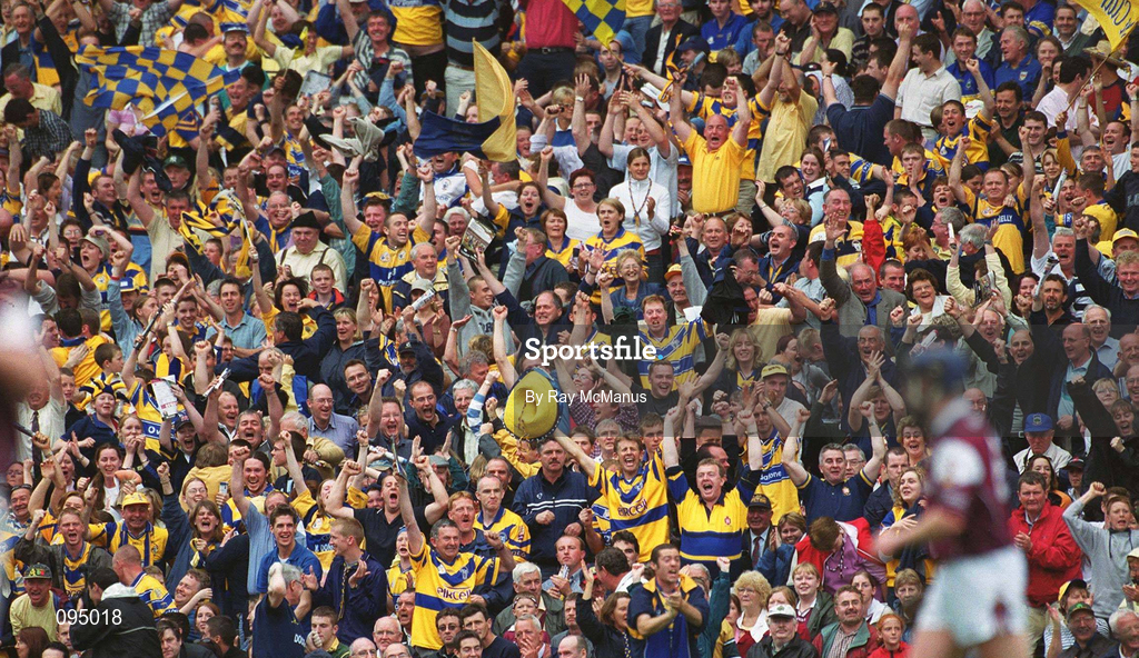 28 July 2002; Clare fans, in the New Hogan Stand, celebrate Colin Lynchs point which proved to be the winning point during the Guinness All-Ireland Senior Hurling Championship Quarter-Final match between Clare and Galway at Croke Park. Photo by Ray McManus/Sportsfile