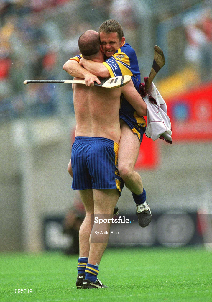 28 July 2002; Clare goalkeeper David Fitzgerald celebrates with team-mate Ollie Baker, left, after the Guinness All-Ireland Senior Hurling Championship Quarter-Final match between Clare and Galway at Croke Park. Photo by Aoife Rice/Sportsfile
