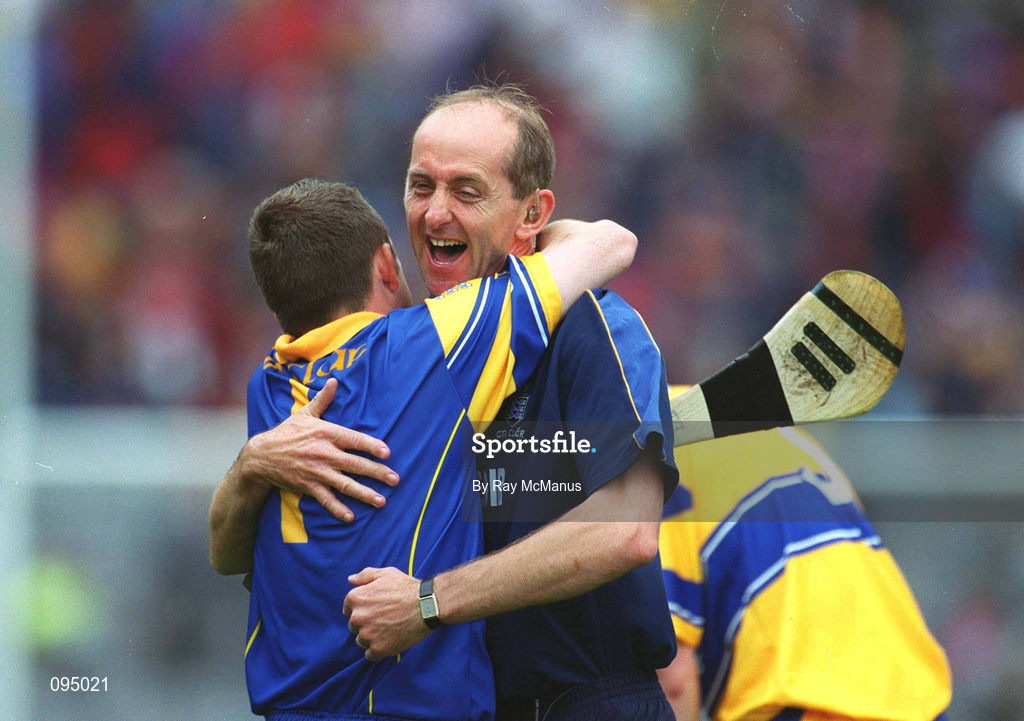 28 July 2002; Clare manager Cyril Lyons and David Fitzgerald celebrate after the Guinness All-Ireland Senior Hurling Championship Quarter-Final match between Clare and Galway at Croke Park. Photo by Ray McManus/Sportsfile
