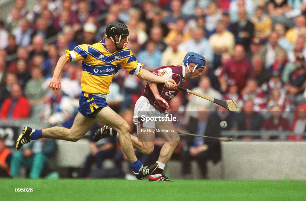 28 July 2002; Kevin Broderick of Galway in action against Gerry Quinn of Clare during the Guinness All-Ireland Senior Hurling Championship Quarter-Final match between Clare and Galway at Croke Park. Photo by Ray McManus/Sportsfile
