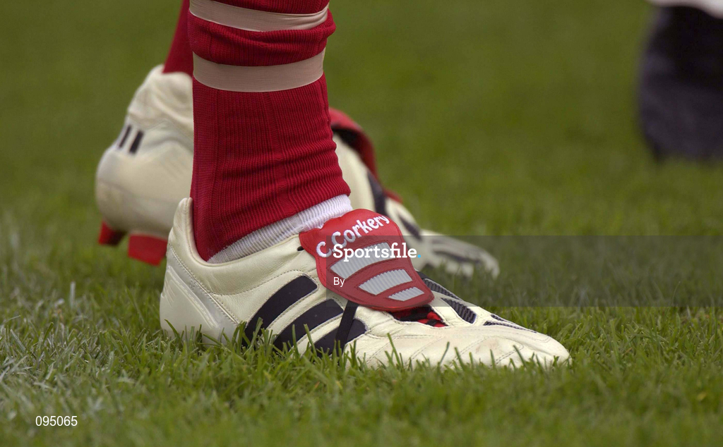 14 July 2002; Cork captain Colin Corkery wearing a pair of customised football boots bearing his name during the Bank of Ireland Munster Senior Football Championship Final match between Cork and Tipperary at Semple Stadium in Thurles, Tipperary. Photo by Brendan Moran/Sportsfile
